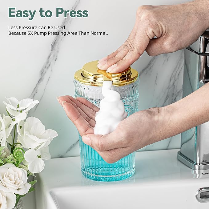 Golden Foaming Soap Dispenser - 7 oz Clear Glass Foam Hand Soap Dispenser for Bathroom & Kitchen, Refillable Dish Dispenser, Foam Hand Wash Dispenser with Foam Pump
