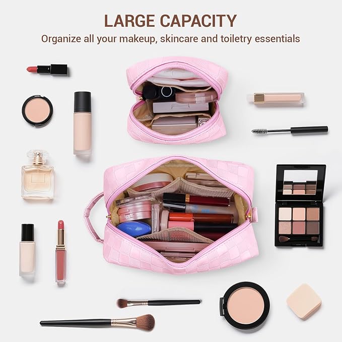 MAGEFY Makeup Bag, Checkered Travel Cosmetic Bag with Handle Leather Makeup Pouches for purse Make Up Bag Cute Makeup Bags for Women,Pink