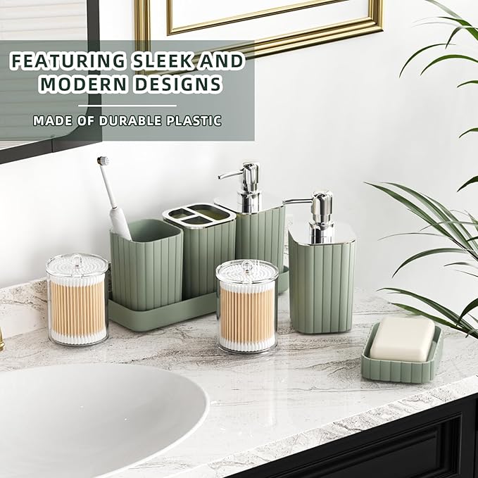 Bathroom Accessories Set - 25PC Sage Bathroom Set, Bathroom Set with Shower Curtain and Rugs, Sage Green Shower Curtain Set, Bathroom Accessory Set, Trash Can & Soap Dispenser