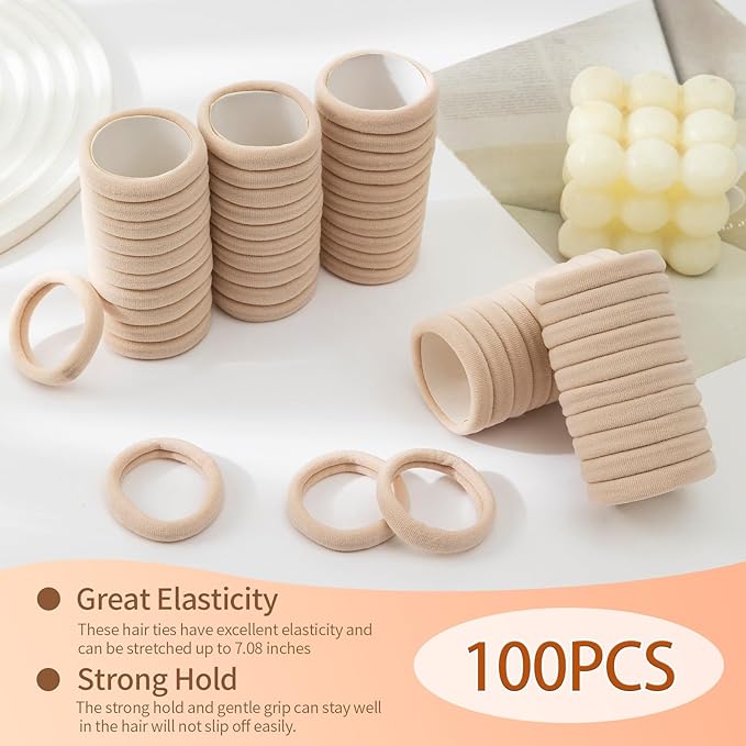 Bessrung 100 PCS Seamless Nylon Hair Ties, No Damage Elastics Hair Ties for Women Girls, Soft Stretchy Ponytail Holders for Thin Thick Hair, Snag-Free Hair Bands(Beige Color)