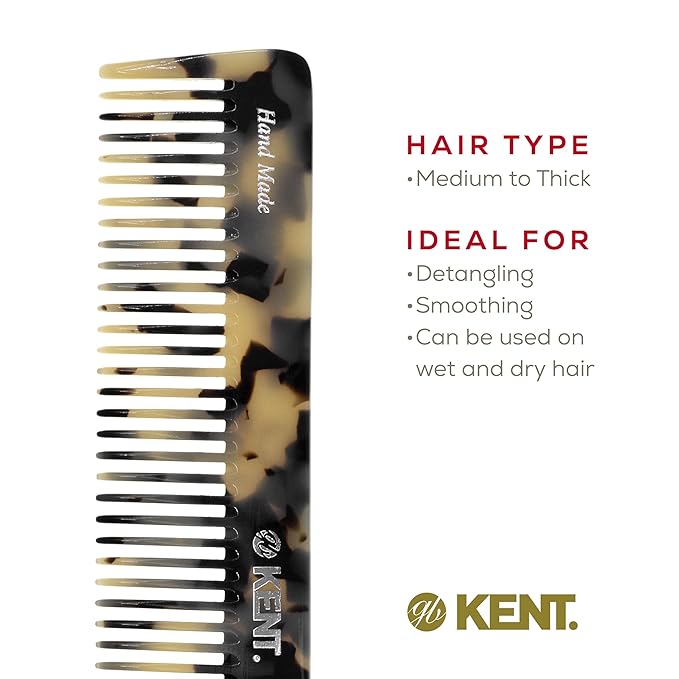 Kent 92T TW Wide Tooth - Detangler Comb for All Hair Types, for Men and Women, To Use in Wet or dry Hair, Styling and Detangling Comb, Handmade Sawcut and Polished