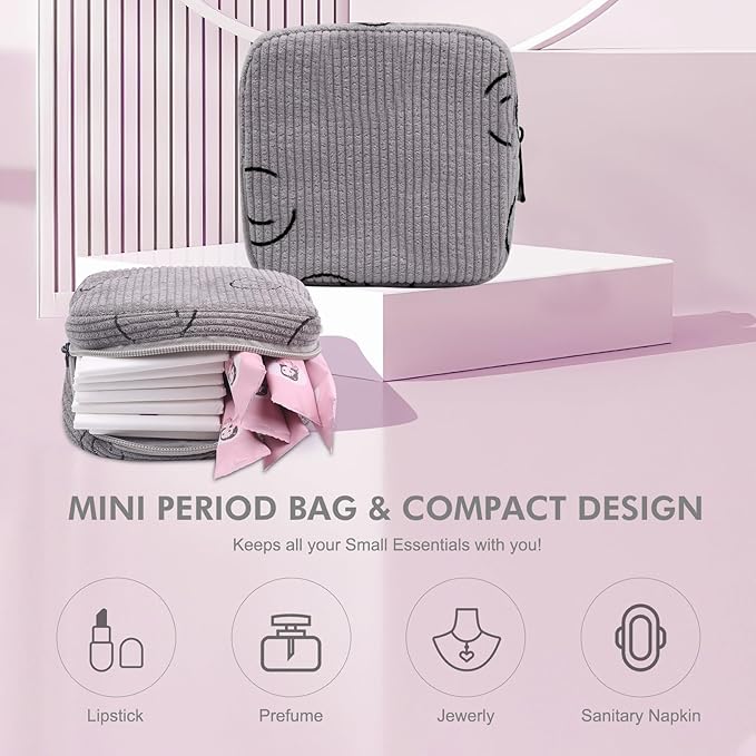 Sanitary Napkin Storage Bag, Corduroy Period Bag for Women, Cute Portable Period Pouch with Zipper, Sanitary Pads Bag Tampons Holder for Purse, First Period