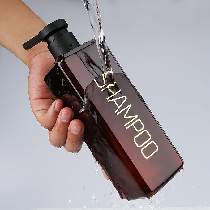 Shampoo and Conditioner Dispenser Shower Soap Bottles 3 Pack 550ml/18.6oz Refillable Shampoo Pump Bottle Dispenser Plastic Empty Body Wash Dispensers with Stylish Permanent Labels for Bathroom (Brown)