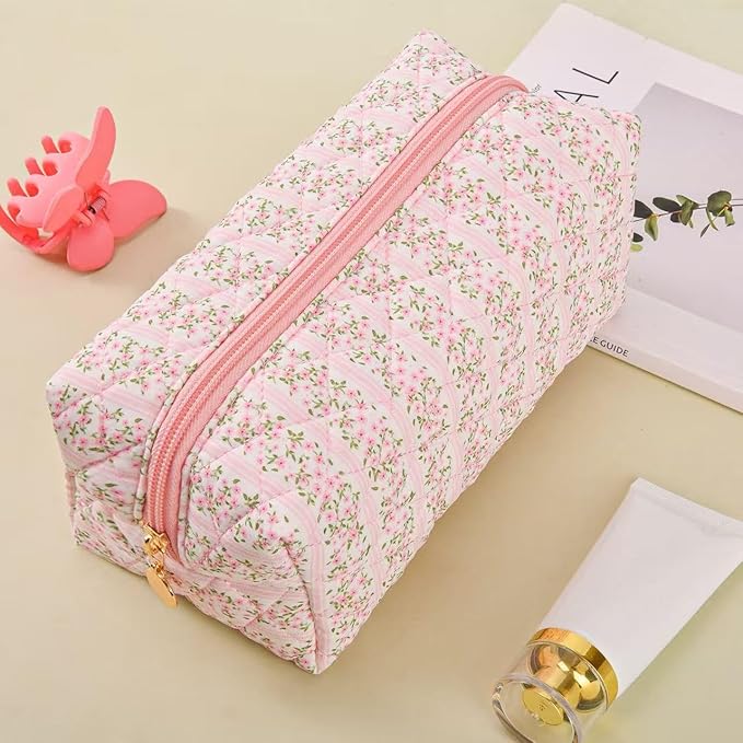 Floral Makeup Bag,Floral Quilted Makeup Pouch,Large Cosmetic Bag,Fashionable Travel Makeup Pouch, Cute Pink Makeup Bag,Puffy Coquette Make up Bag, Attractive Quilted Make up Bag