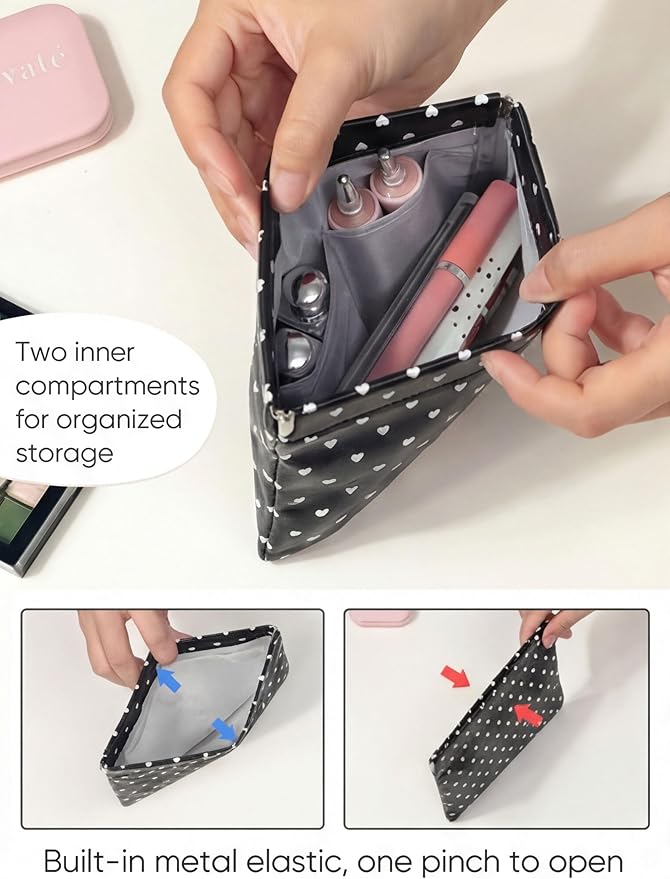 Dots Leather Makeup Pouch Set for Women Small Make Up Bag for Purse Waterproof Initial Makeup Cosmetic Bags Pouches for Purse Aesthetic Travel Toiletry Bag,Heart Black