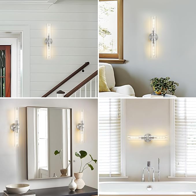 2 Light Bathroom Wall Sconces Set of 2,Modern Farmhouse Brushed Nickel Bathroom Light Fixture Over Mirror with Clear Glass Shade,Vanity Light for Hallway Cabinet Bedroom Stairway Porch