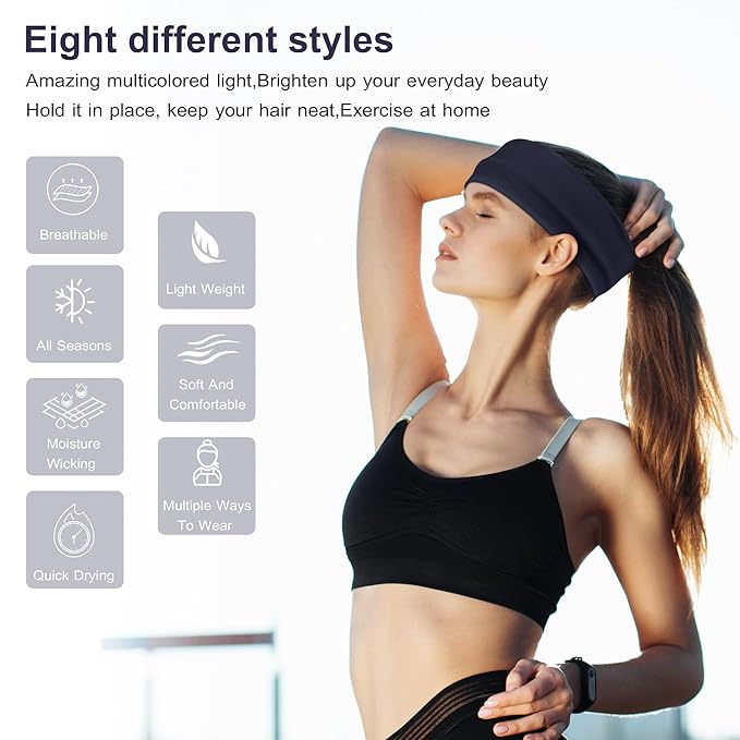 Headbands for Women, 8pcs Stretchy Non Slip Soft Cotton Cloth Hair Bands for Sports, Workout, Yoga and Running