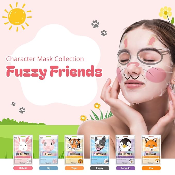 Epielle Character Face Mask Fuzzy Friends 12 Pack, Fun & Effective Korean Skin Care, Spa Party Favors, Easter Basket Stuffers, Birthday Gifts for Women, Self Care Gifts