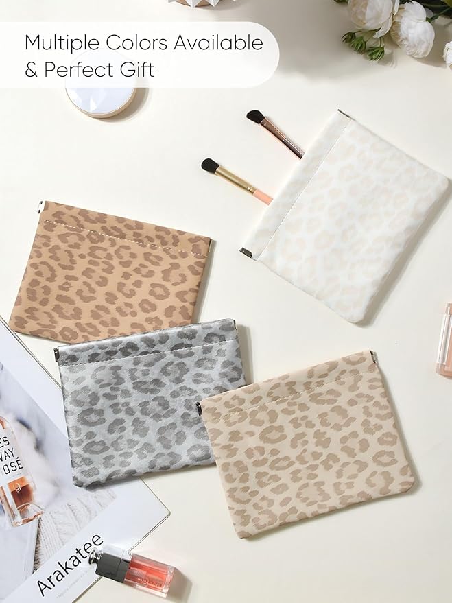 Leopard Leather Small Makeup Pouch for Women,Cosmetic Accessories,Waterproof and Portable Cosmetic Bag,Self-closing, No Zipper, Aesthetic Storage Pouch,Lipstick for Purse,Pearl White Gery