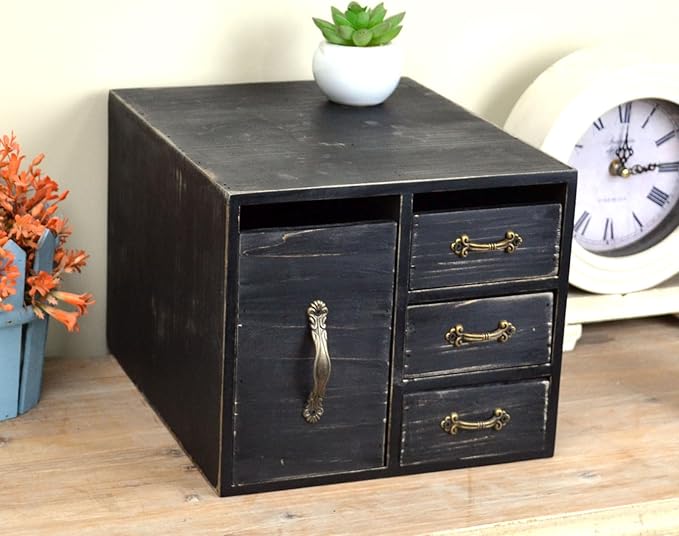 Rustic Beauty Organizer 4 Drawers - kitchen storage Wooden Cosmetic Storage Box for Neat & Home Office Desk &Organize &Storing of Makeup Tools,Bathroom Counter-top(Black, L)