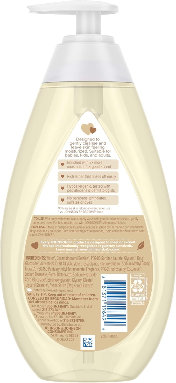 Johnson's Skin Nourishing Moisture Baby Wash, Vanilla & Oat Scents, Tear-Free, Hypoallergenic Baby Body Wash Cleanses, Protects from Dryness, & Leaves Skin Feeling Hydrated, 20.3 fl. oz