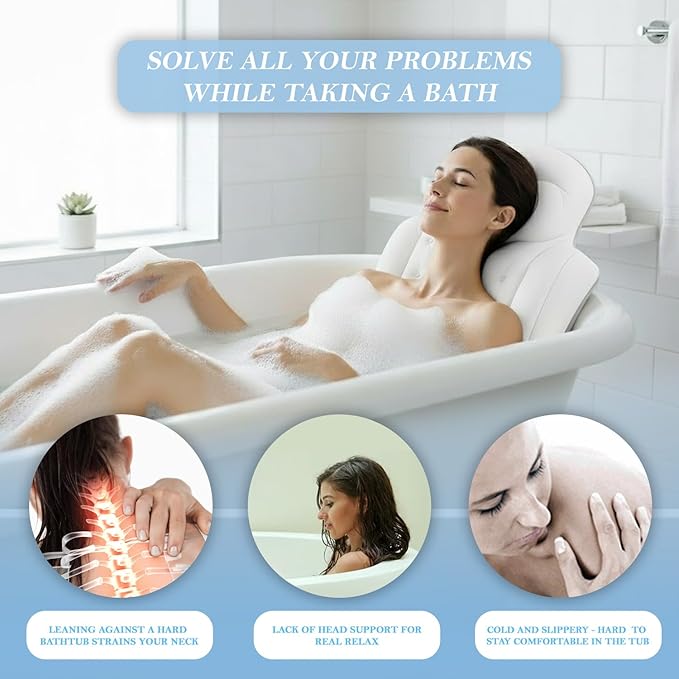 Bath Pillow for Tub 4D Air Mesh Fabric Plush Bathtub Pillow for Neck & Back Support, Hot Tub Pillow with 6 Non-Slip Suction Cups, Spa Pillow for Relaxation and Comfort (Full Body White)