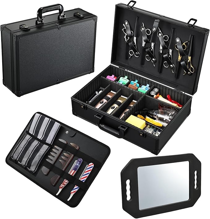 Barber Accessory Case with Mirror, Profesional Barbers Briefcase Tool Case, Barber Cases for Clippers and Supplies, Hair Scissors Trimmer Organizer, Salon Grooming Hard Travel Suitcase