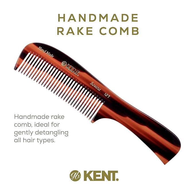 Kent 10T Tortoise Large Detangler Comb, Handmade Wide Tooth Comb for Curly and Thick Hair, Detangling Combs For Wet and Dry Hair, Saw-Cut and Hand Polished Handmade in England