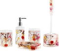 Locco Decor Bathroom Vanity Accessory Set Acrylic Liquid 3D Floating Motion Toothbrush Holder, Tumbler, Soap Dispenser, Soap Dish, Toilet brush, 5-Piece Accessory Set Garden Botanic Pink Plants