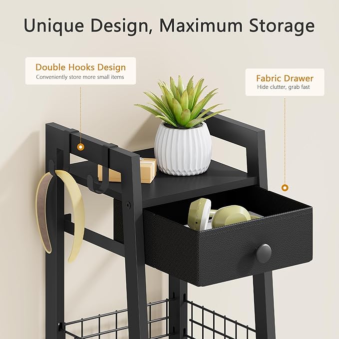 3-Tier Narrow Ladder Shelf with Drawer, Bathroom Table Stand for Small Space, Narrow Bathroom Standing Shelves with Storage for Living Room Bedroom Kitchen, Black