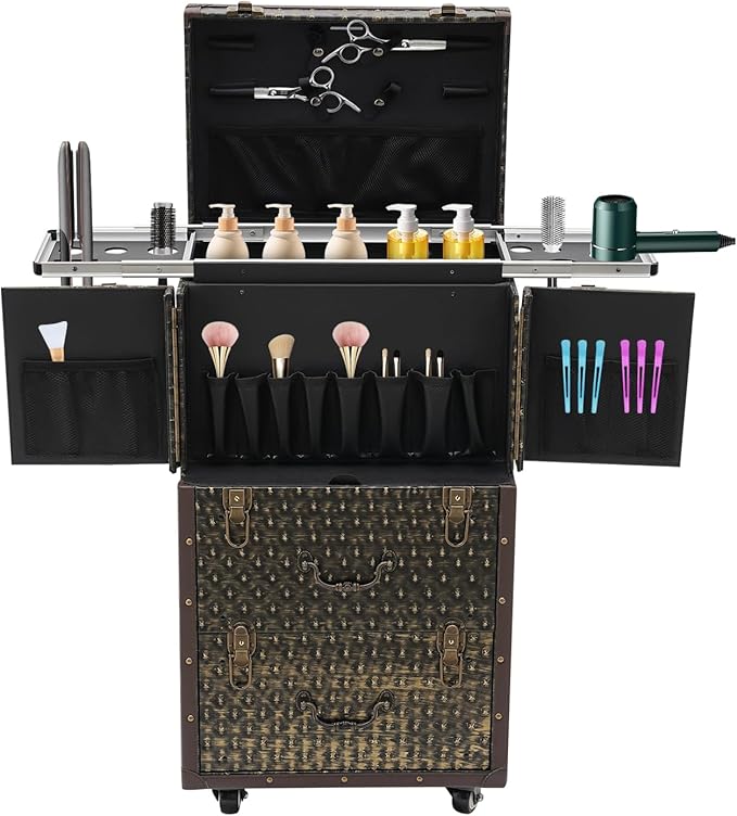 Lockable Makeup Train Case,55.1lbs Rolling Hairdressing Trolley,Beauty Salon Cosmetic Luggage with Universal Wheels for Hair Stylist,Make-up Artists (Brown)