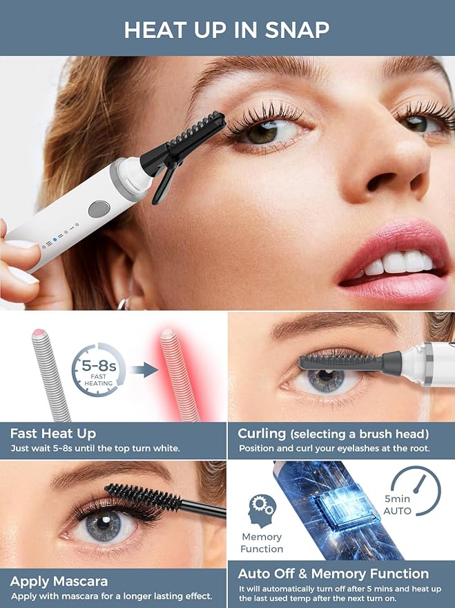 Smiling Shark Heated Eyelash Curler, 360°Wand-Style Heated Eyelash Curler Comb with 3 Brush Heads & 3 Temp & 5s Fast Heating【Lengthen/Define/Curler】 3-in-1 Lash Curler for All Types of Lashes