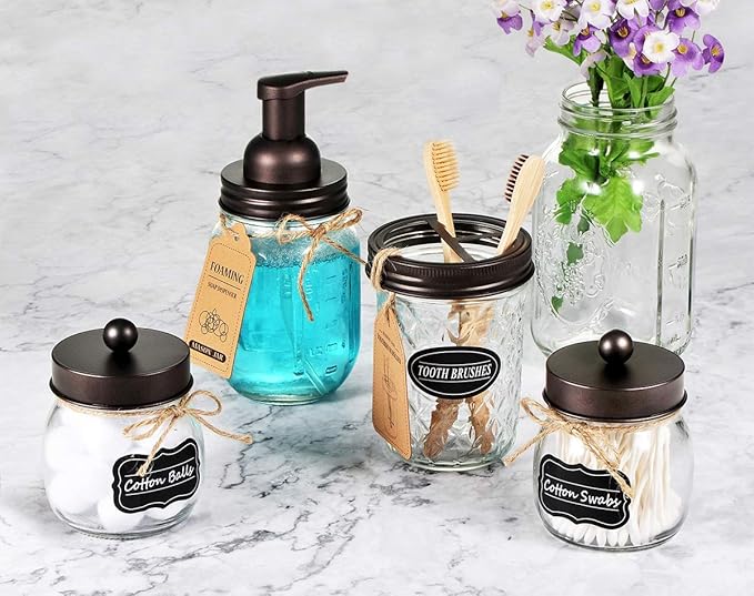Amolliar Mason Jar Foaming Soap Dispenser, Rustproof Stainless Steel Lid, BPA Free Foam Pump, Waterproof Labels, Rustic Farmhouse Decor Refill Hand Soap Dispenser Bathroom Accessories– Bronze (2 Pack)
