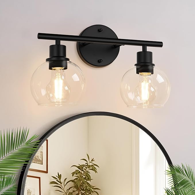 2-Light Bathroom Vanity Light, Matte Black Bathroom Light Fixture Over Mirror with Clear Glass Globe Shades, Modern Farmhouse Wall Sconce for Bathroom, Kitchen, Bedroom, Hallway
