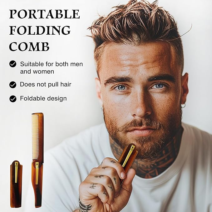 Men's Handmade Folding Pocket Comb, 6.69-Inch Amber Finish, Fine Tooth Comb for Hair, Beard, and Mustache Grooming