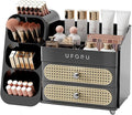 Makeup Organizer for Vanity with Brush Holder, Countertop Skincare Organizer with 2 Drawers, Spacious Cosmetic Display Case for Perfumes, Eyeshadow Palettes, Nail Polishes, Black