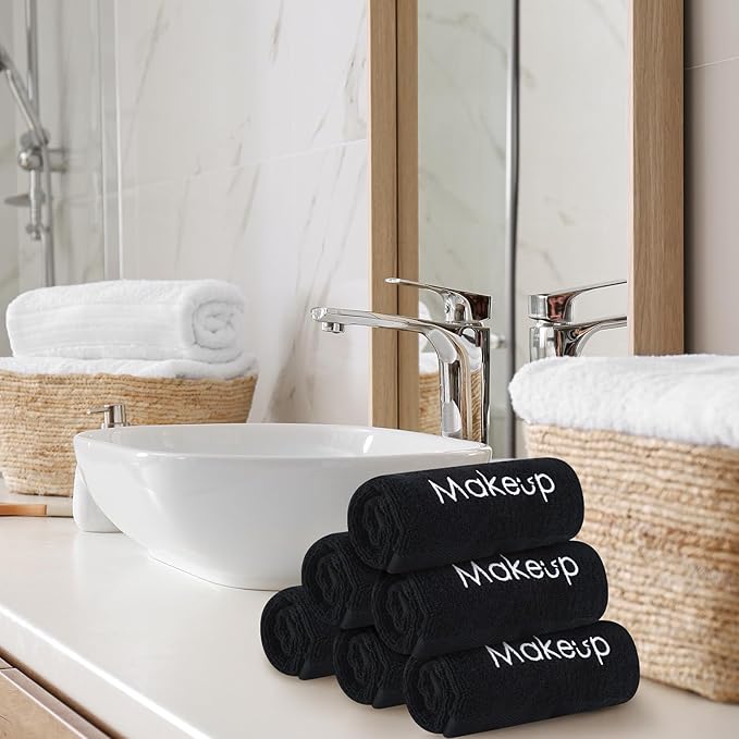 Shimeyao 13x13 Inch Black Makeup Towels Bulk Reusable Makeup Washcloths for Face Facial Remover Washcloths Absorbent Cotton Towel for Salon Spa Women Skin Care(6 Pcs,Smile Pattern)