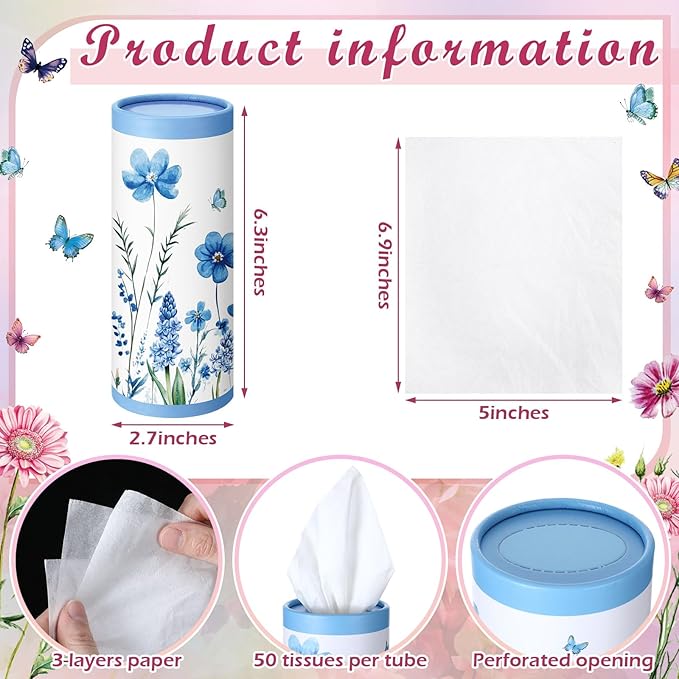 12 Pack Car Tissue Cylinder Holder Bulk with 3 Ply Facial Tissues, Round Napkin Holders for Car Cup Holder Cylinder Travel Paper Tubes Bulk Round Napkin Boxes Packs(Classic Flower)