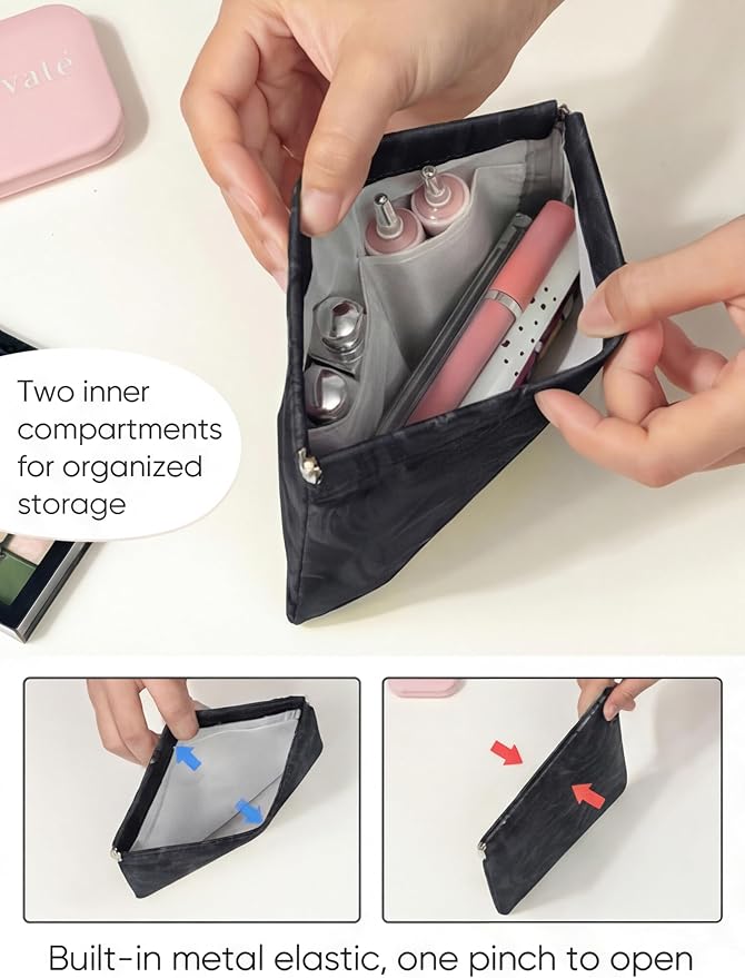 PU Leather Makeup Pouch Set for Women Small Make Up Bag for Purse Waterproof Initial Makeup Cosmetic Bags Pouches for Purse Aesthetic Travel Toiletry Bag,Elegant Wave Black