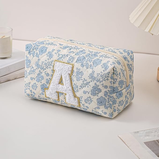 JOVAKIT Alphabet Makeup Bag Cosmetic Bag for Women, Christmas Gifts for Girls Age 6-18, Floral Flowers Coquette Travel Toiletry Zipper Make Up Pouch Organizer Trendy Stuff (2Pcs Blue Floral A)