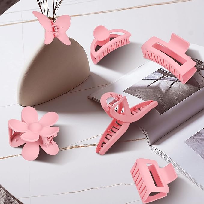 Pink Hair Clips, 6 Pack Cute Hair Clips for Thin Thick Hair 1.85-4.5 Inch Matte Non Slip Jaw Clips Flower Banana Butterfly Claw Clips Hair Accessories for Women and Girls…