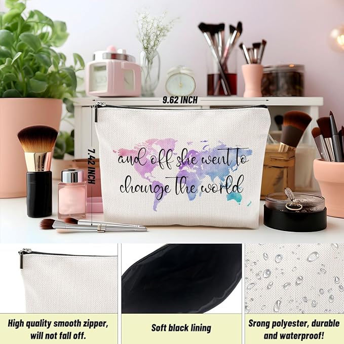 Graduation Gift Inspirational Travel Makeup Bag, And Off She Went To Change The World Cosmetic Bags Zipper Pouch Travel Toiletry Bag, World Map Gifts for Women Girls Daughter Sisters Coworker Friends
