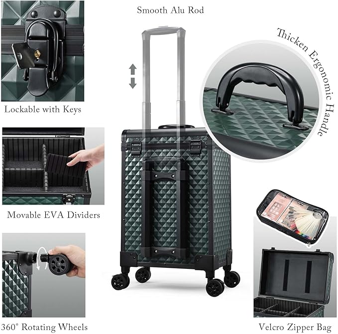 Adazzo Professional Rolling Makeup Train Case with Drawers, Makeup Case on Wheels, Nail Tech Rolling Cart Storage Organizer Trolley Make up Case for Travel Makeup/Nail Art/Hair Styling, Dark Green