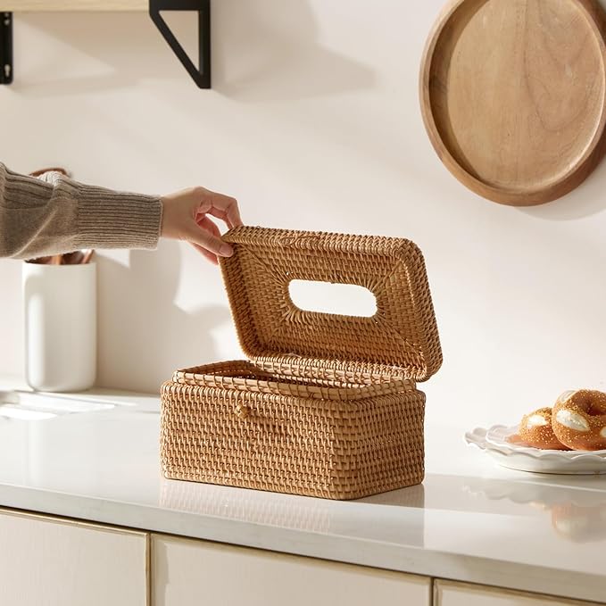 Rattan Rectangular Tissue Box Cover, 10.8" x 6.7" x 5.5", Decorative Woven Facial Tissue Holder with Hinged Top Lid, Natural Color
