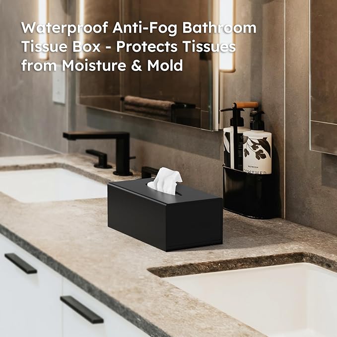 FEMELI Acrylic Tissue Box Cover Rectangular - Matte Solid Cube Napkin Holder with Magnetic Bottom, Modern Decorative Facial Paper Dispenser for Bathroom, Bedroom, Kitchen - Black
