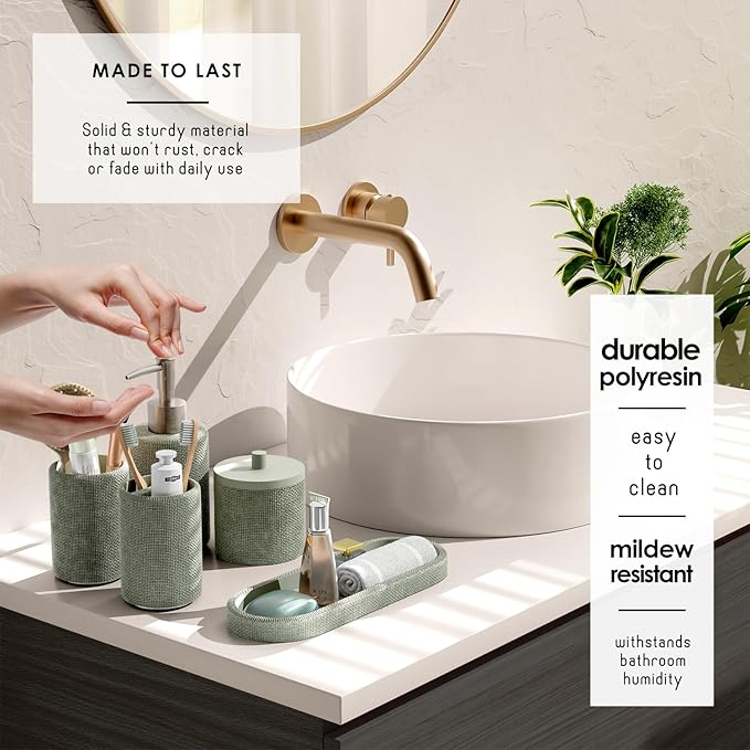 Clara Clark Bathroom Set - Sage Green Bathroom Accessories Set, 5PC Bathroom Accessory Set, Bathroom Sets with Soap Dispenser, Toothbrush Holder, Tumbler, Cotton Swab Jar & Vanity Tray