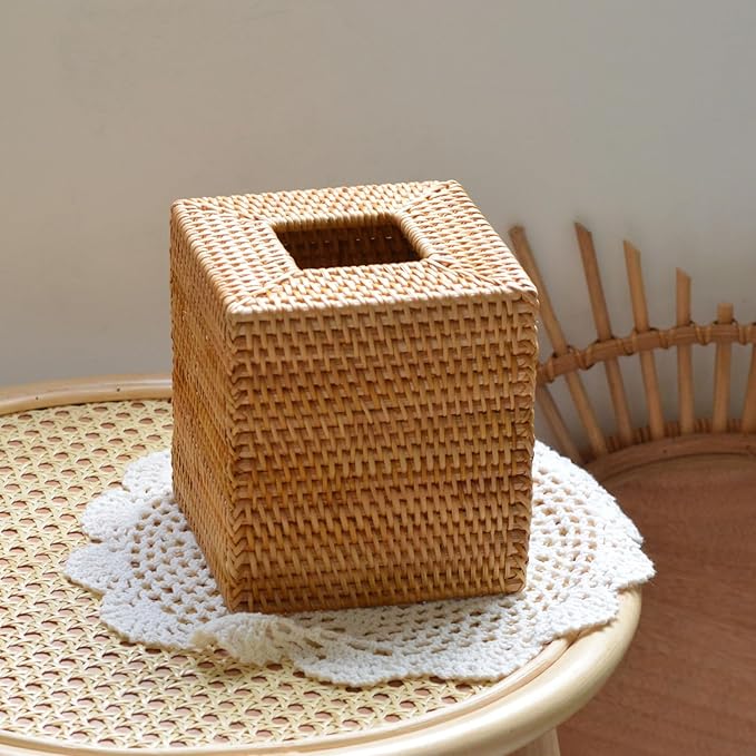 2 Pack Rattan Tissue Box Cover Square, Hand Woven Wicker Tissue Holder, 5.5 x 5.5 X 5.7 inch, Natural