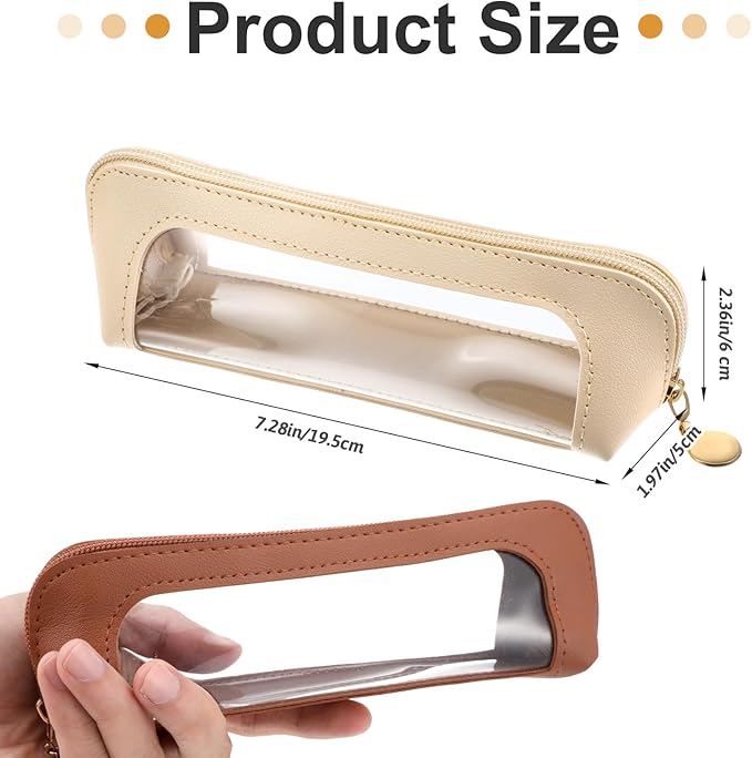 2Pcs Clear Makeup Brush Bag, Leather Slim Makeup Case, Portable Transparent Waterproof Cosmetic Pouch with Zipper, Double Sided Clear Bag for Women Travel Storage (White, Brown)