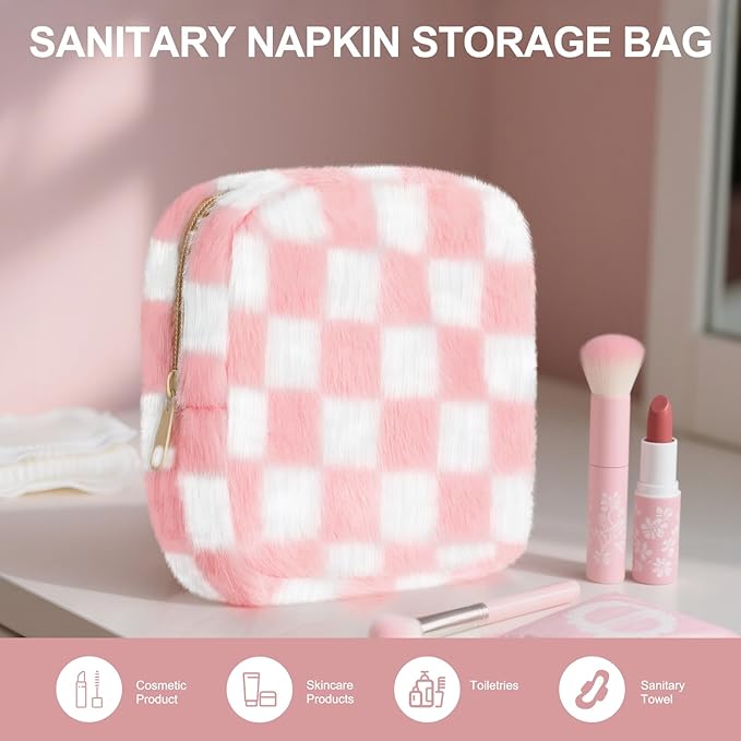Sanitary Napkin Storage Bag, Zipper Period Bag, Checkered Portable Menstrual Pad Bag Panty Liners, Tampon Storage Pouch for Women Ladies Daily Use Storage Purse Travel