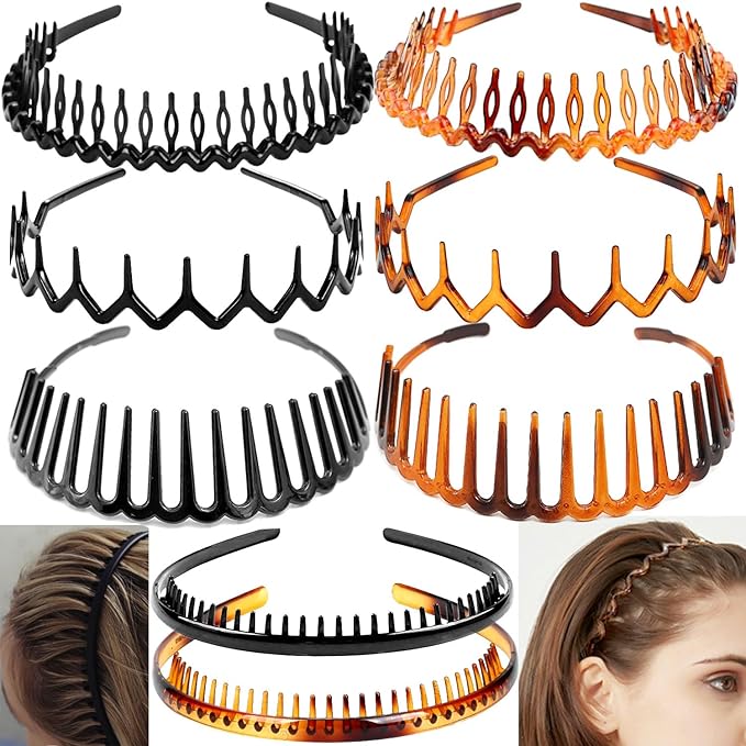 8 PCS Fashion Effortless Plastic Headbands with Teeth Comb Black Skinny Headbands No Slip Hair Accessories Bands for Women Men Teen Girls, Amber&Bright Black
