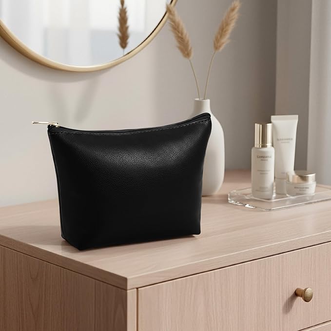 Kigeli PU Leather Makeup Bag for Women Gift Cosmetic Pouch for Purse Waterproof with PU Leather Travel Toiletry Organizer with Zipper for Women Bridesmaid Friend Gift(Black)