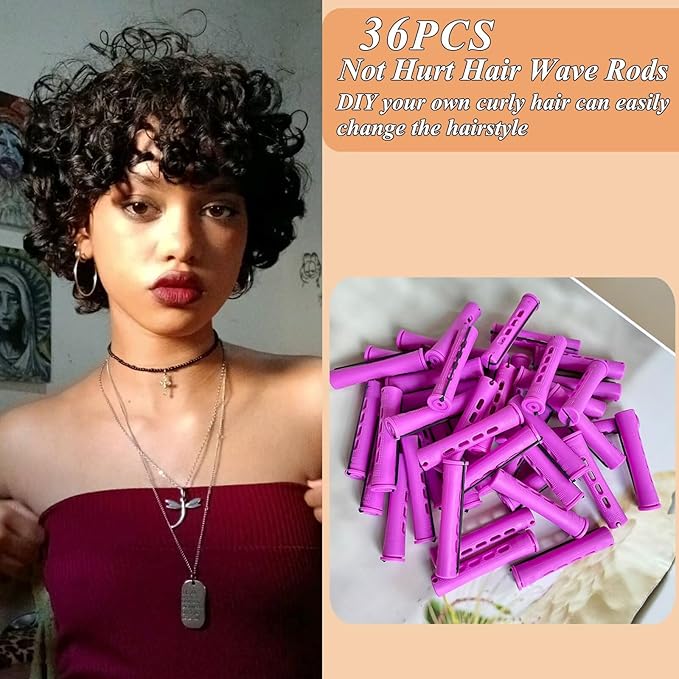 Purple Perm Rods Set for women - 36pcs Plastic Cold Wave Rods Hair Rollers for Short Long Hair Curling Rod with Rat Tail Comb(36pcs Purple)