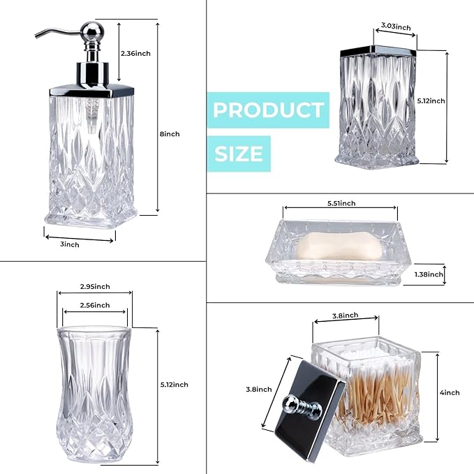 Bathroom Accessories Set,5 Pcs Clear Glass Bathroom Accessory Set,Complete Lotion Soap Dispenser,Toothbrush Holder, Soap Dish,Tumbler & Jar,Modern Bathroom Decor Sets Gift,Square