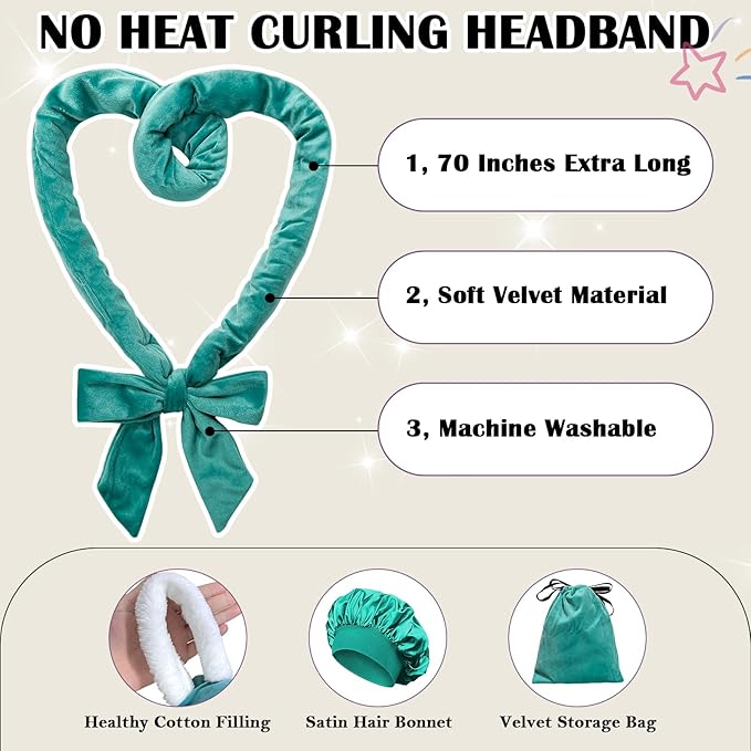 ZILAMPU No Heat Overnight Curl Headband, 70" Soft Wave Hair Rollers for Long Hair, 9 PCS Curl Rods Gift Set - Blue-green