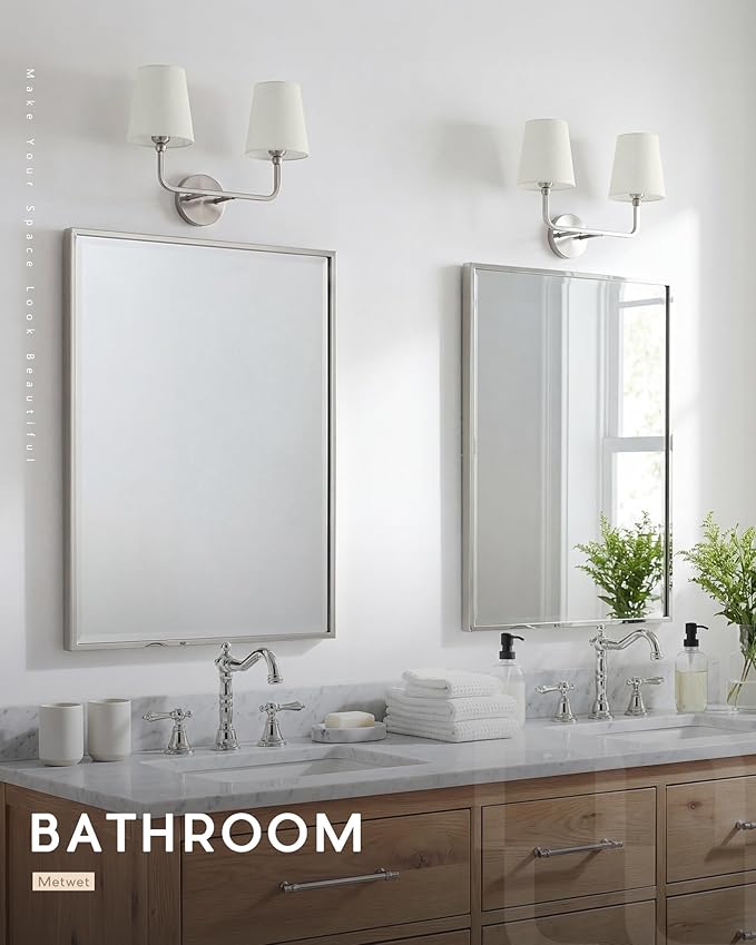 2-Light Bathroom Light Fixtures, Brushed Nickel Vanity Lights, Double Wall Sconce with Beige Fabric Shade, Modern Sconces Wall Lighting for Hallway Bedroom Stairway, VL837-BN-B-2