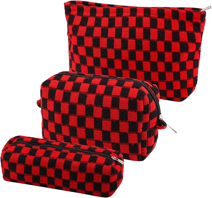 EIMMBD Makeup Bag 3 Pieces Large Capacity Checkered Cosmetic Bags Travel Toiletry Bag Organizer Cute Makeup Pouch Storage for Women(Red & Black)