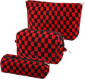 EIMMBD Makeup Bag 3 Pieces Large Capacity Checkered Cosmetic Bags Travel Toiletry Bag Organizer Cute Makeup Pouch Storage for Women(Red & Black)