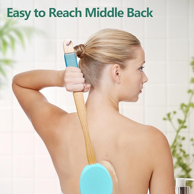 Lotion Applicator With 4 Replaceable Pads for Back, Self, Elderly, Women - Sunscreen and Cream Applicator With 17" Curved Handle for Easy Targeting of Back and Feet, Blue