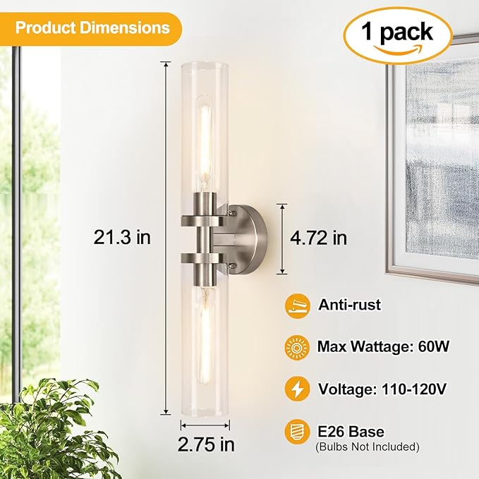 Brushed Nickel Wall Sconces, Hardwired Bathroom Sconces Vanity Light with Clear Glass, Modern Bathroom Vanity Lights fixtures for Mirror Bedroom Living Room Hallway Kitchen