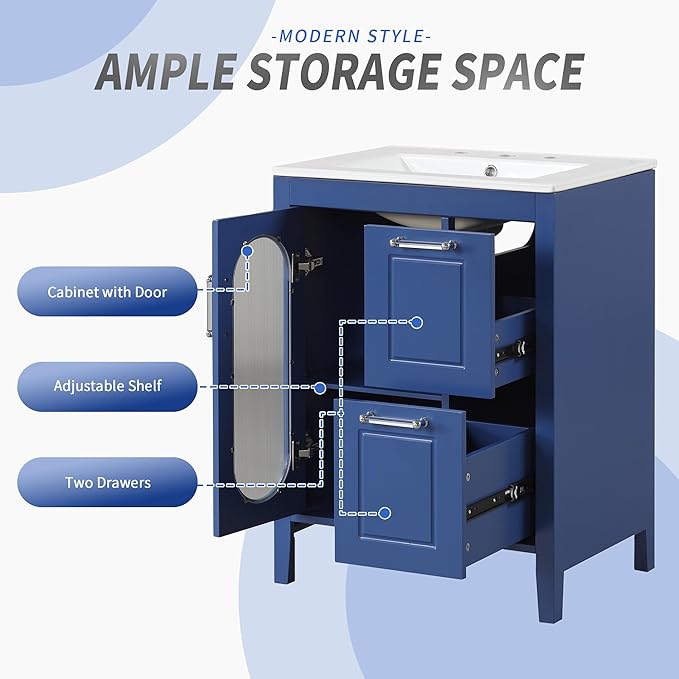 Harper & Bright Designs 24" Bathroom Vanity with Sink, Free Standing Single Basin Vanity Set with Two Drawers and Glass Door, Modern Wooden Bathroom Cabinet with Ceramic Basin for Bathroom, Blue